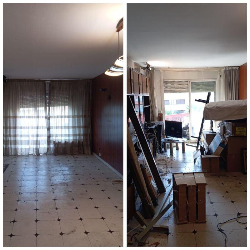 Antes y después de un vaciado de salón: muebles, sofá y enseres retirados por Serlimpin (trabajo realizado en Girona)